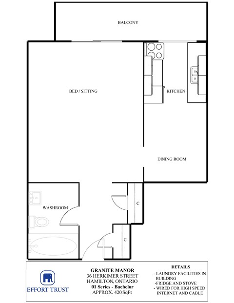 A floor plan of a one bedroom apartment.
